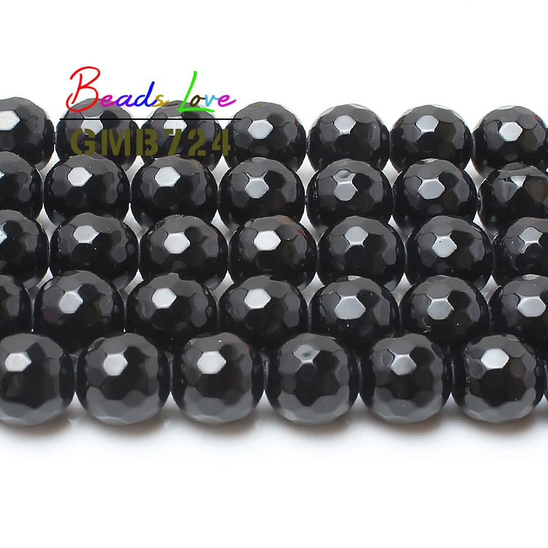 Круглые граненые бусины черного агата незакрепленные из натурального камня для