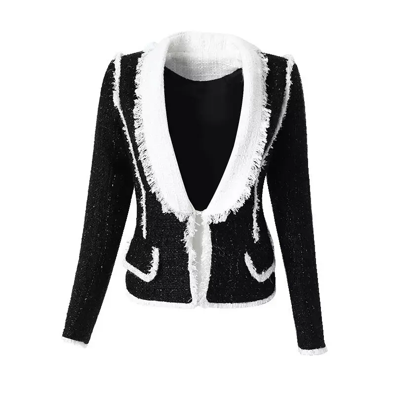 black blazer only Винтажный хит, цвет, твидовый жакет, набор,, зимний, элегантный, v-образный вырез, толстая, с кисточками, Женский блейзер, пальто+ золотой, львиная пуговица, шерсть, короткий костюм - Цвет: black blazer only