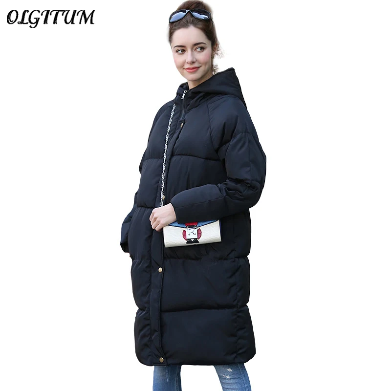 

2019 Winter New Women Coat Long section Solid Color Casual Cotton Coats Loose hooded Warm with zipper jackets for women