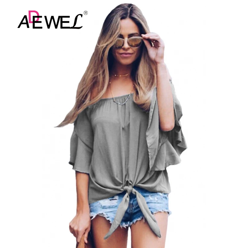 ADEWEL женские богемные топы с открытыми плечами без бретелек узлом спереди Блузки