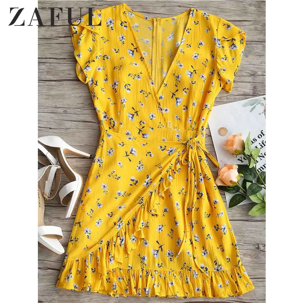 ZAFUL Платье с глубоким вырезом и оборками цветочным принтом Летнее платье