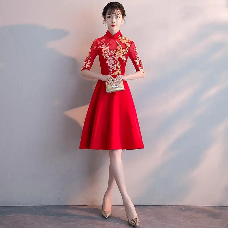 Традиционное китайское женское платье Cheongsam с вышивкой Феникс, элегантное Сетчатое платье с рукавом до локтя для свадебной вечеринки, винтажное платье Cheongsam - Цвет: Style 13