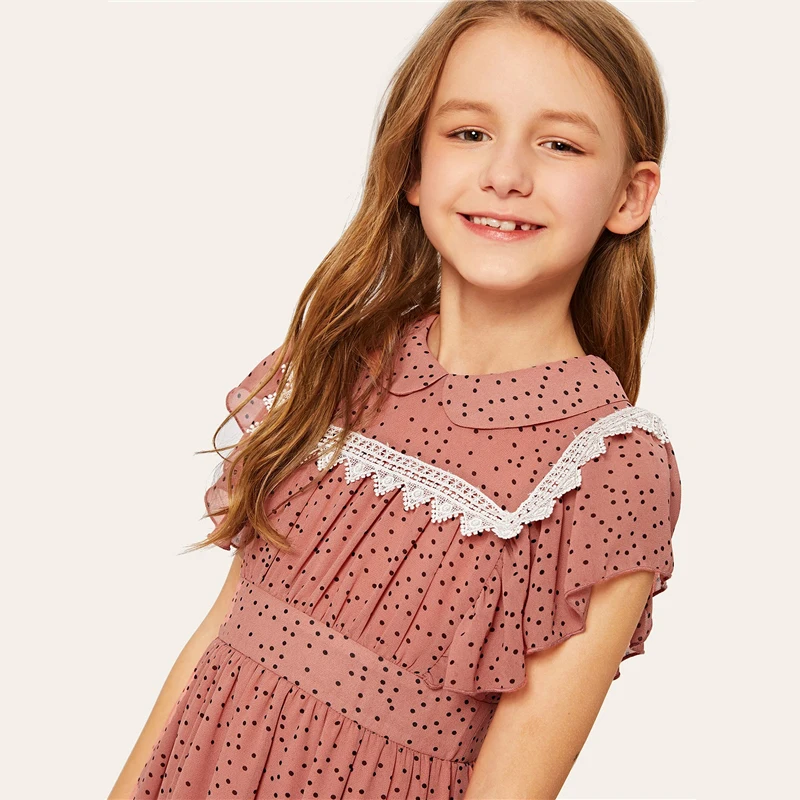 SHEIN/милое платье в горошек с контрастными кружевными манжетами для девочек г. Летнее милое ТРАПЕЦИЕВИДНОЕ расклешенное платье миди с рукавами «летучая мышь»