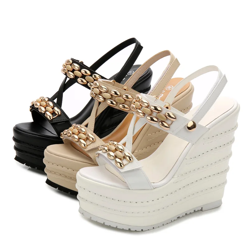 

new 14cm super high heel fashion T platform wedge sexy nightclub tassel straps rhinestone rivets small size women's sandals