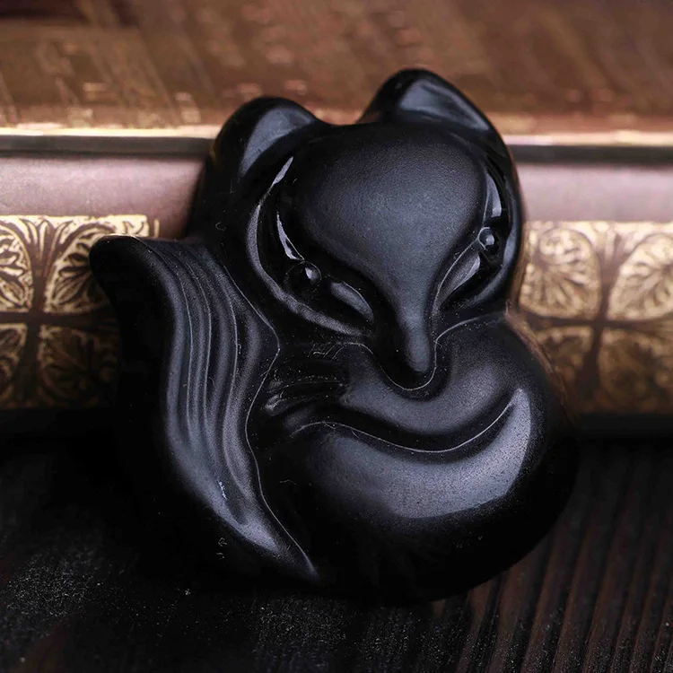 High Quality Fine carving Chinese black A obsidian carved fox pendant necklace jewelry|obsidian pendant|black pendantobsidian |