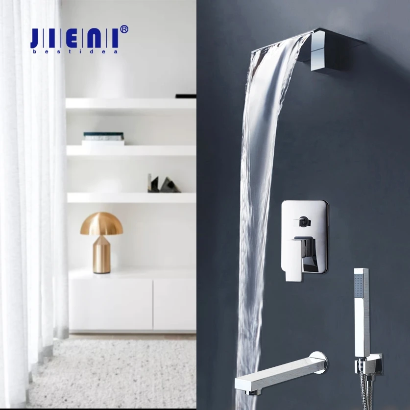 

JIENI Design Chrome Polish Soild Brass Waterfall Bathroom shower Mixer Taps Bathtub Bath Water shower Faucet Mixer Taps