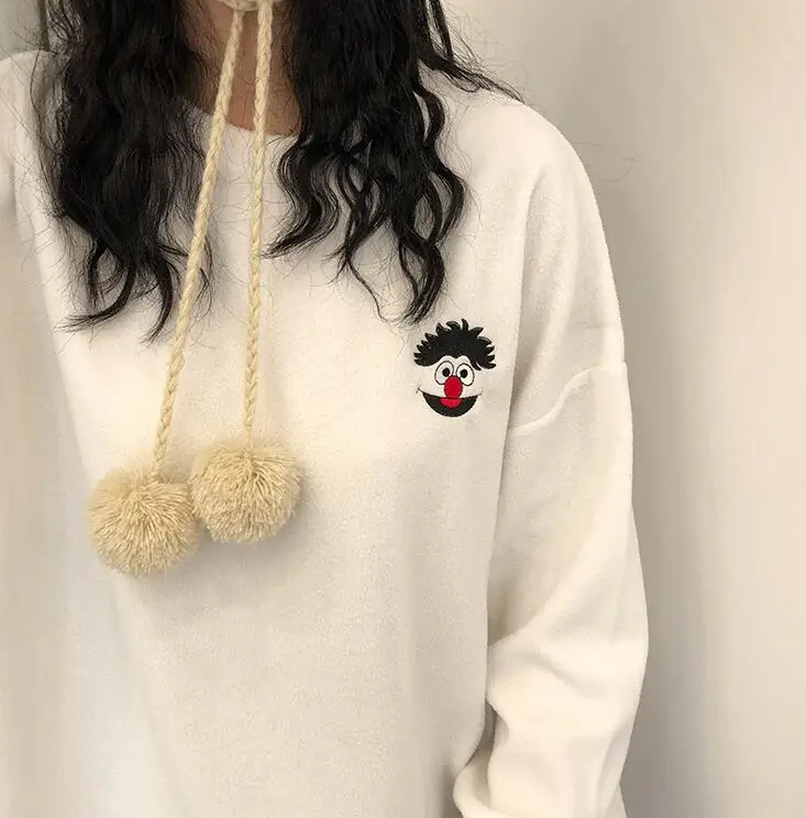 Cute cartoon embroidery o-neck long sleeve t-shirt | Женская одежда