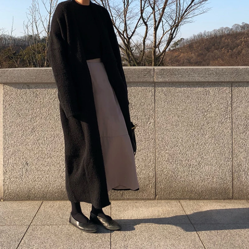 

Women Cardigan Long Section Sweaters Black Long Sleeve V-Neck Thick Fashion Casual Winter Keep Warm Open Stitch 225-435