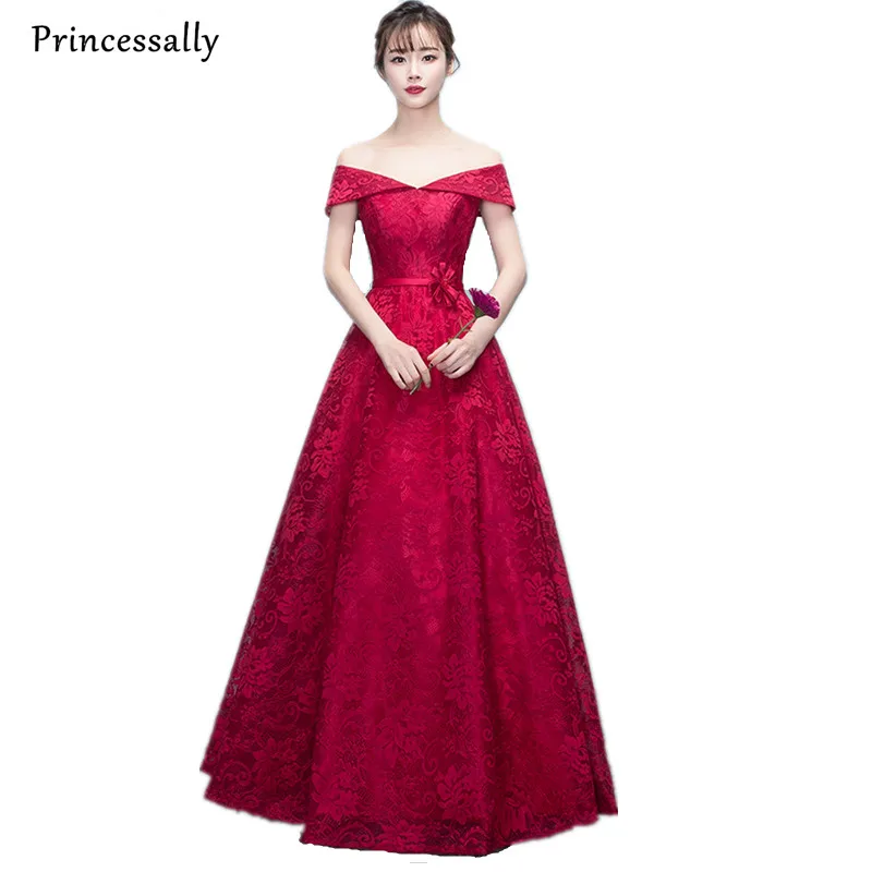 Robe De Soiree красное вечернее платье длинное кружевное с вырезом лодочкой и рукавами