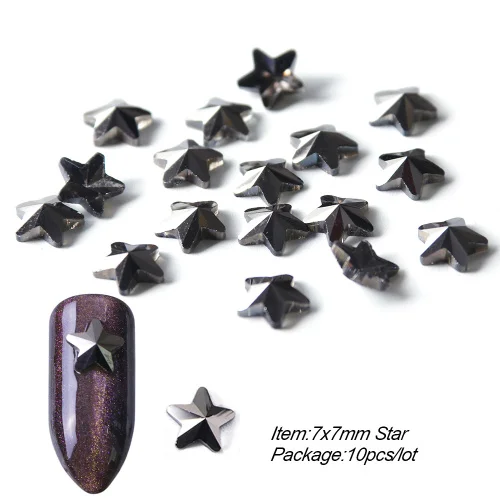 7x7mm Star 10 шт, черные стразы, украшения для дизайна ногтей, сердце, капли в форме кристалла, камни с плоской задней частью, дизайн ногтей, ювелирные камни TR724 - Цвет: 7x7mm Star