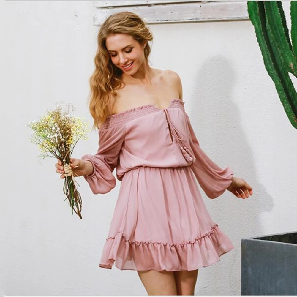 

Женское шифоновое платье с рюшами, короткое винтажное пляжное платье с открытыми плечами и длинным рукавом, лето 2018