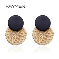 new fashion round rattan weaving handicraft and wood fashion stud earrings for girls 3 colors nice colorful party earrings