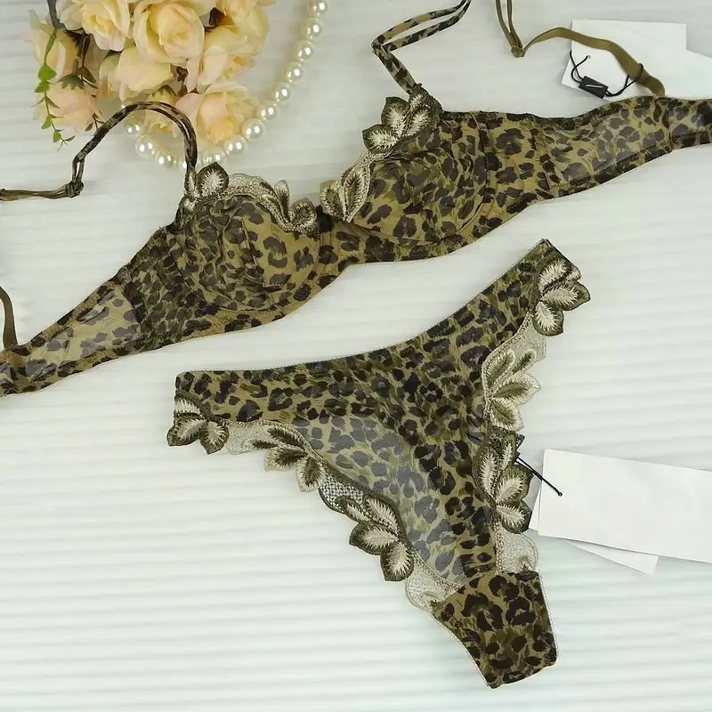 Women Underwear Suit Transparent  Bra Thong Sets Embroidered Ultra Thin Bra Sexy Leopard Bra Thong Set Underwear Women Set