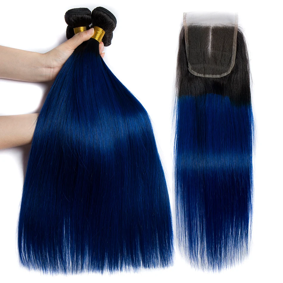 ALIBELE Ombre бразильский Weave волос Комплект s с закрытием 1B Синий прямой 3 4 кружева Remy