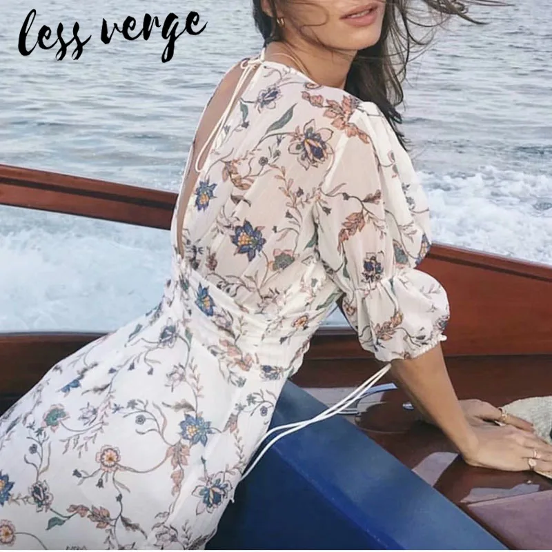 Lessverge V образным вырезом boho сексуальное шифоновое платье мини с пышными рукавами
