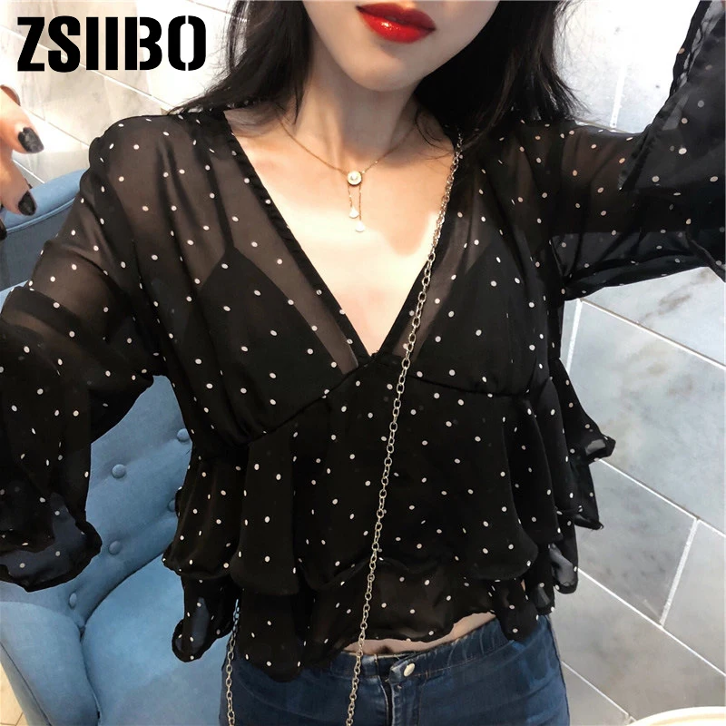 Летние шифоновые блузки Милая женская рубашка с оборками V образным вырезом