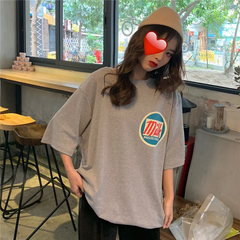 Женские футболки Харадзюку с принтом молока Kawaii BF Одежда Для Пар Унисекс свободная Длинная летняя футболка Топ Женская футболка корейский стиль тренд