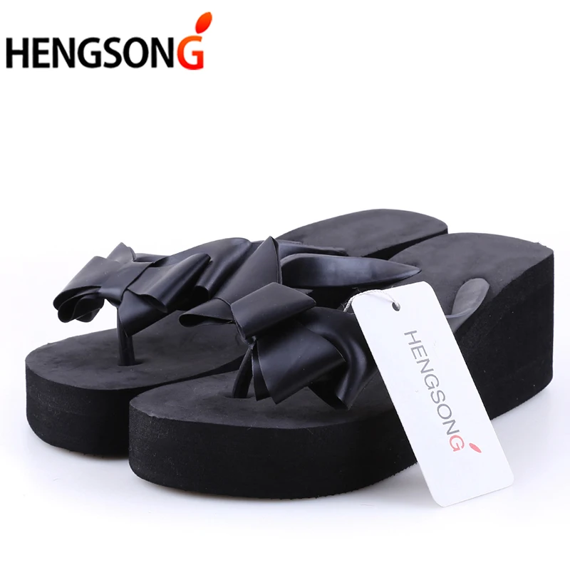 

Summer Woman Shoes Platform Bath Slippers Bow Mid Wedge Heel Beach Flip Flops High Heel Slippers For Women