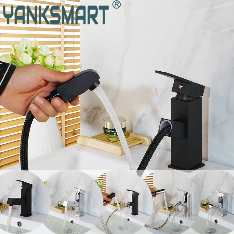 

YANKSMART Pull Out Deck Mounted Faucet Hot And Cold Water Mixer Kitchen Bathroom Basin Sink Faucet Single Handle Washbasin Tap