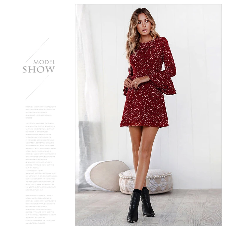 Vintage Polka Dot Dress Women Autumn Long Flare Sleeve Ruffles Vestidos Casual O-neck Black Bodycon Party Boho Dresses Mini