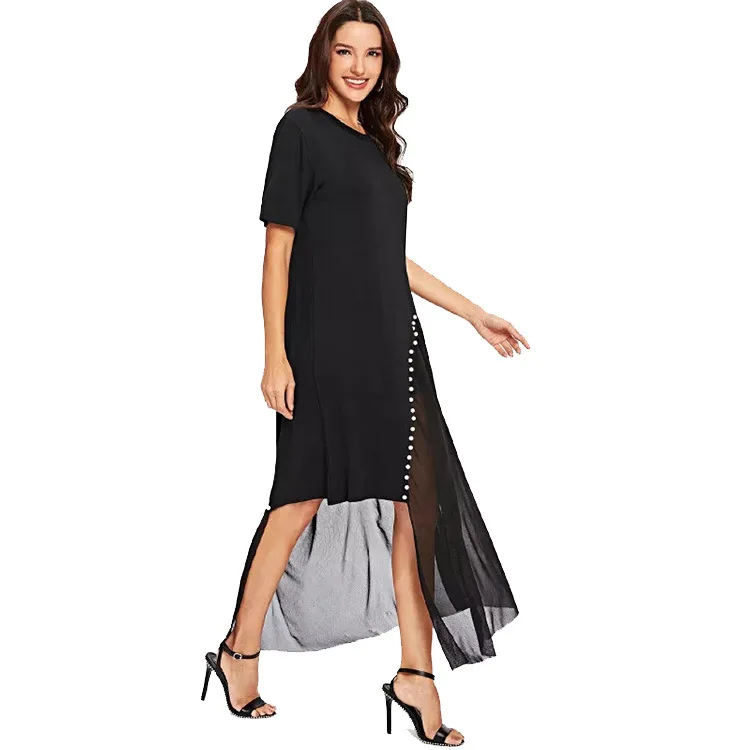 

Jelics Fashion Office Lady Beading Mesh Patchwork A-line Dress Women Clothing Irregular Hem Short Sleeve Summer Solid Dress Robe