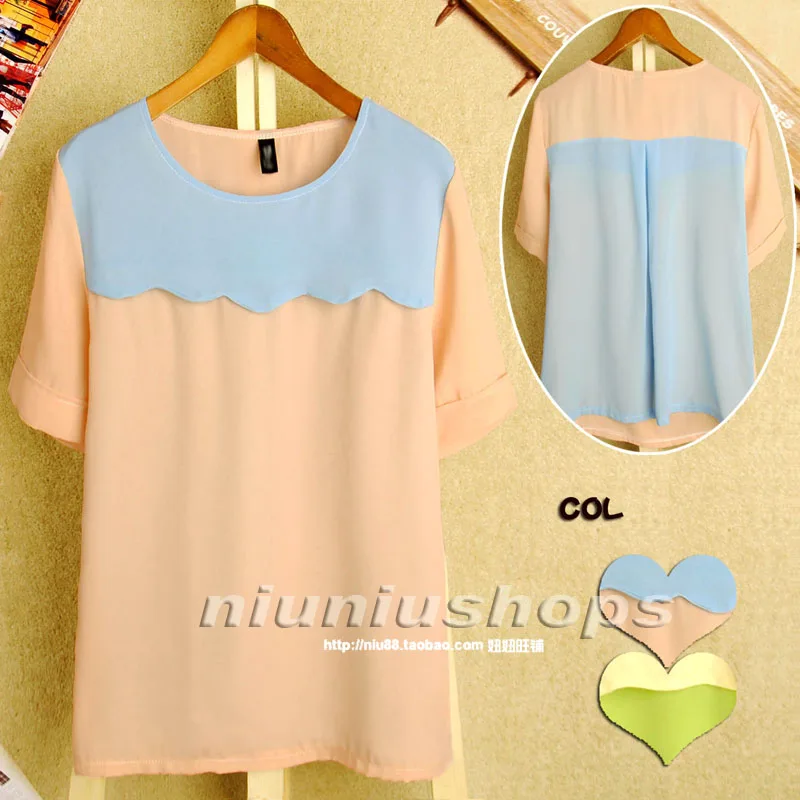 M 2013 women's sweet o-neck scalloped color block decoration short-sleeve chiffon pleated shirt |