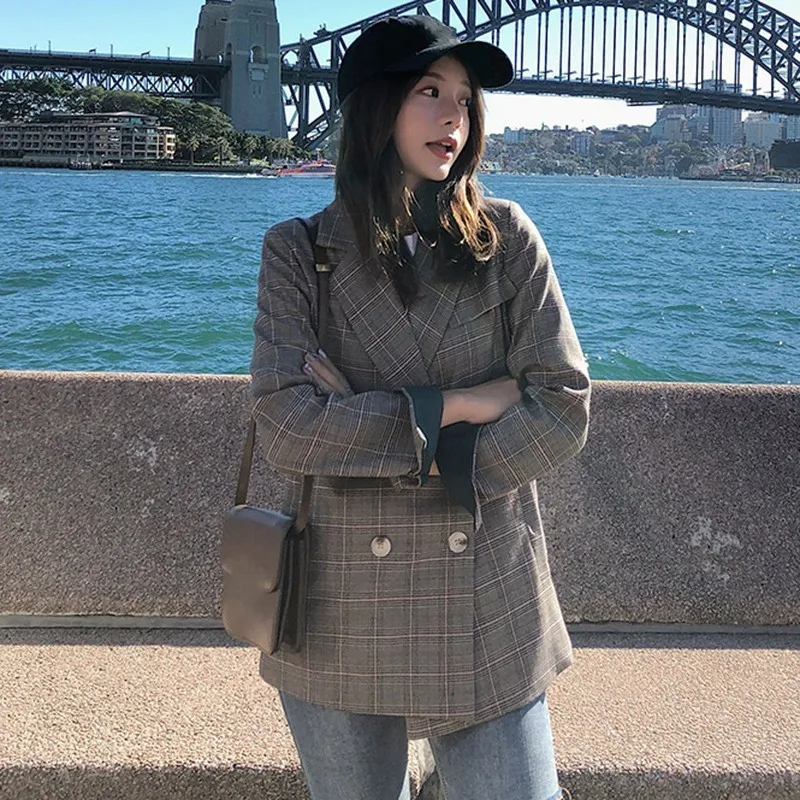 TWOTWINSTYLE клетчатый Блейзер Пальто Женский длинный рукав двубортные куртки для