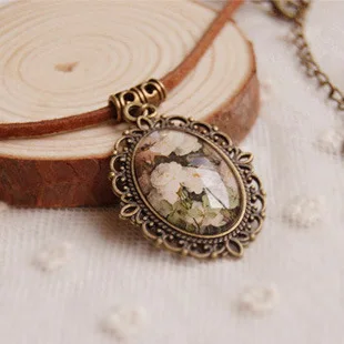 Vintage Handmade Flowers Oval Time Gem Necklace Glass Long Rope Chain Floral Paint Pendant Necklaces For Women Retro Jewelry | Украшения и