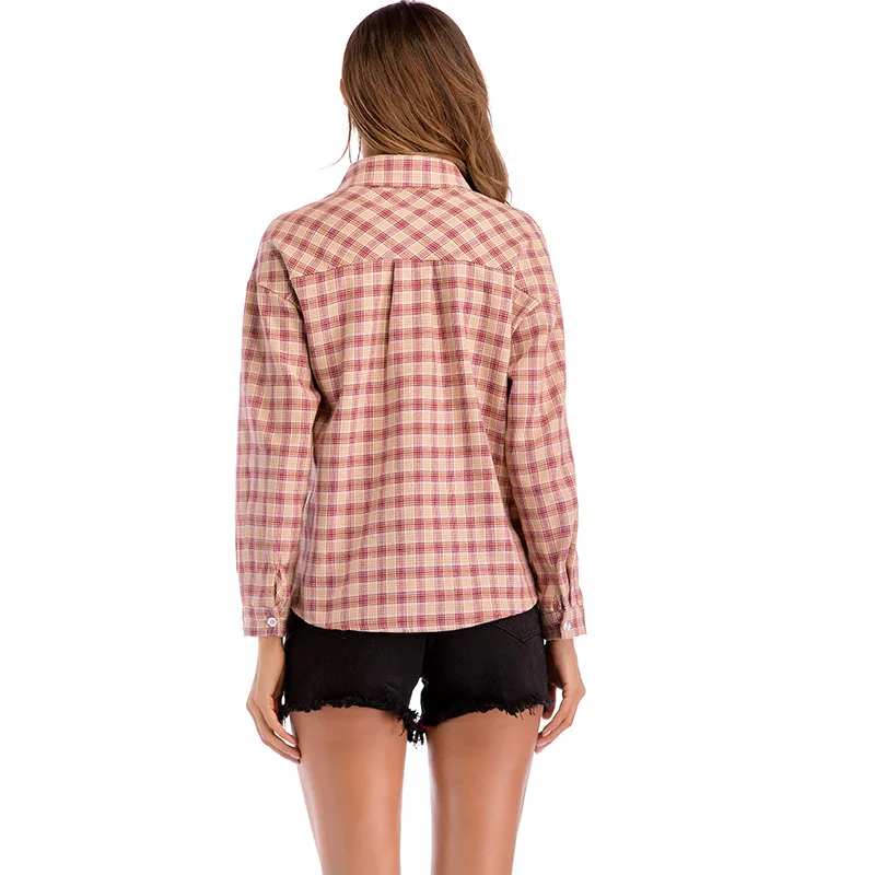 2018 Новый стиль летняя рубашка женская с отложным воротником Весна в клетку