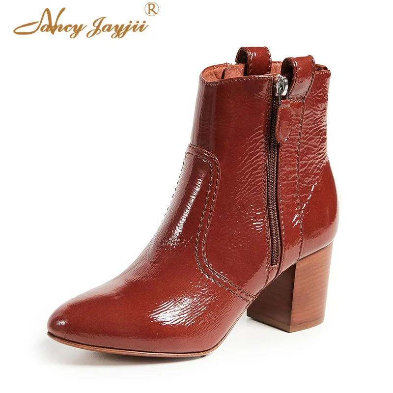 

Nancyjayjii Women’S Short Ankle Boots Red Leather Almond Toe Super High 8cm Block Square Heel Woman’s Winter Booties Zipper Shoe