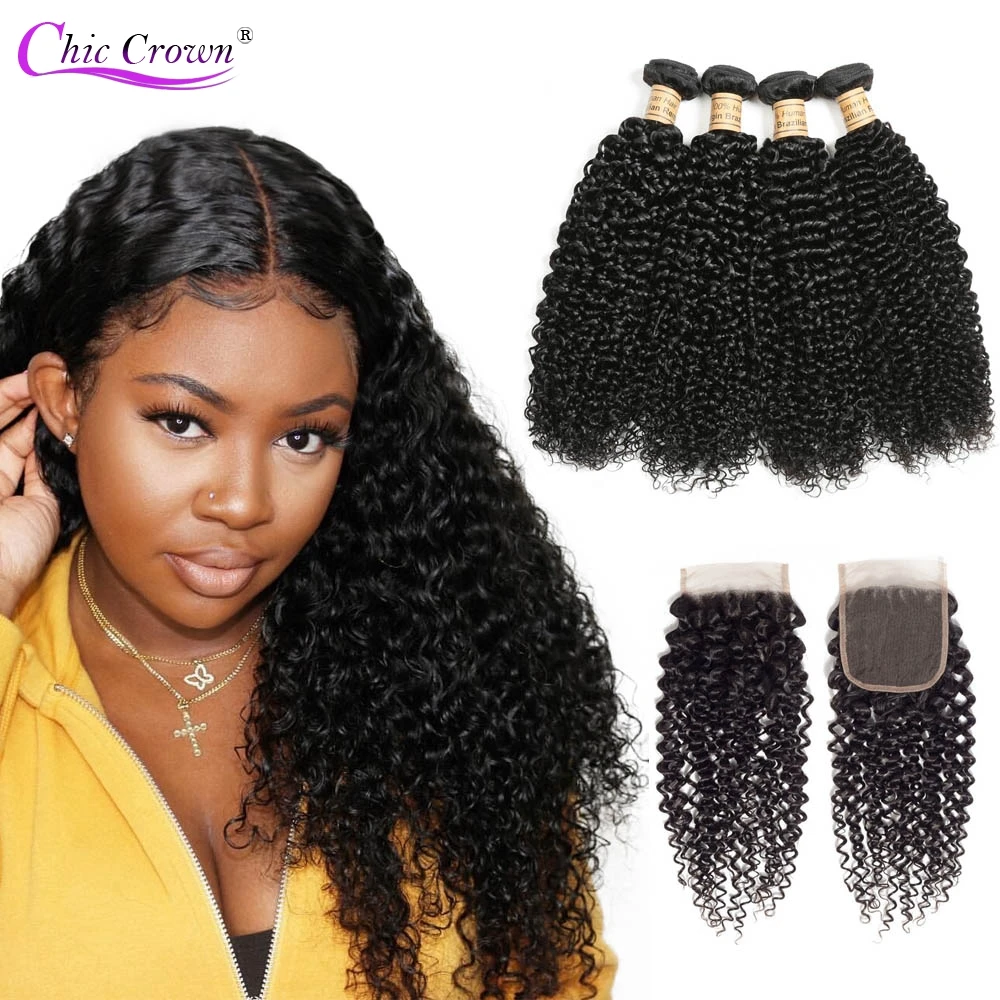 Монгольская причудливая завивка пучки с закрытием 4 пучка кудрявые переплетения