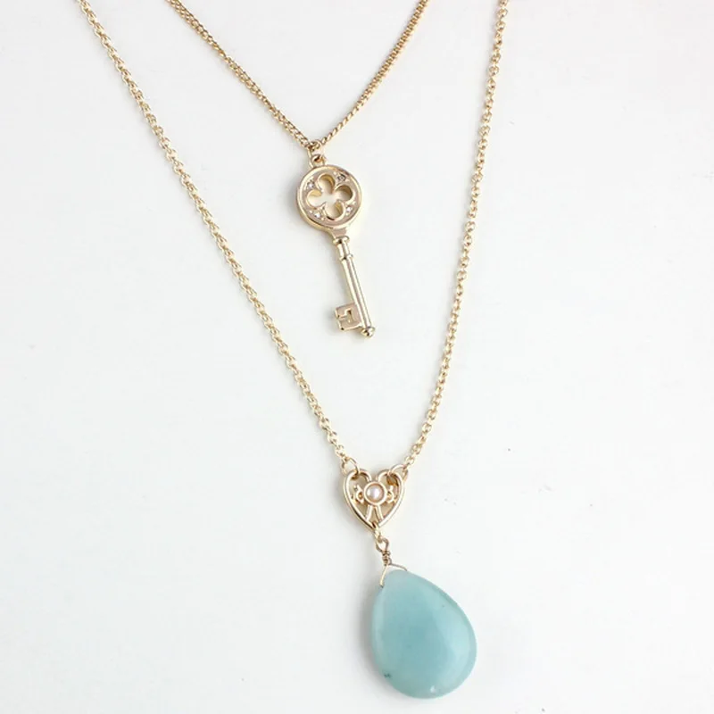 Двойной слой ключа в виде капли воды Amazon Stone кулон Цепочки и Ожерелья