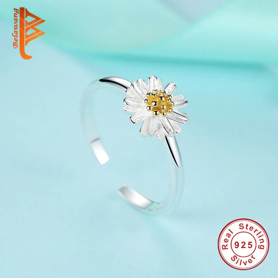 

BELAWANG Fashion Silver Rings Authentic 925 Sterling Silver & Enamel Daisy Flower Open Finger Rings For Women Wedding Jewelry