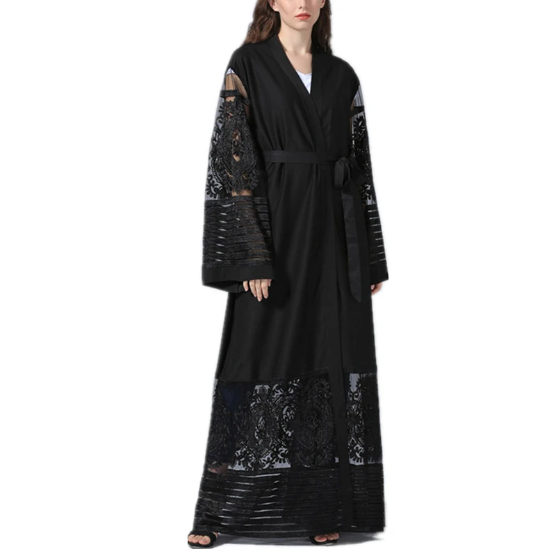 Кардиган с вышивкой кимоно мусульманское платье Abaya длинные платья модные черные