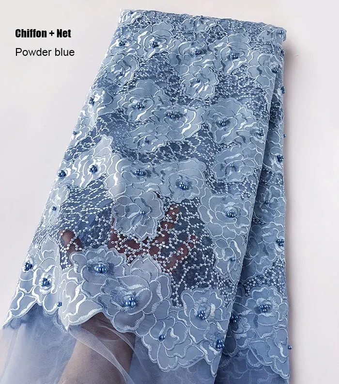 Chiffon Powder blue Нигерийская кружевная ткань высокого качества с вышивкой в горошек и бисером,, 5 ярдов - Цвет: Chiffon Powder blue
