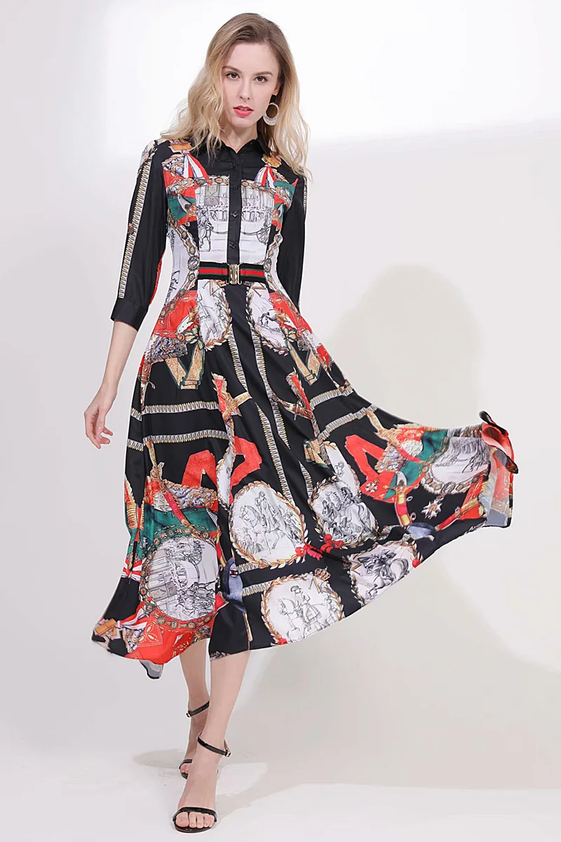 

XF Bohemian Shirt Chiffon Dress Retro Court Eagle Print Waist 2019 Summer New Women Casual Party Elegant Dress Designer