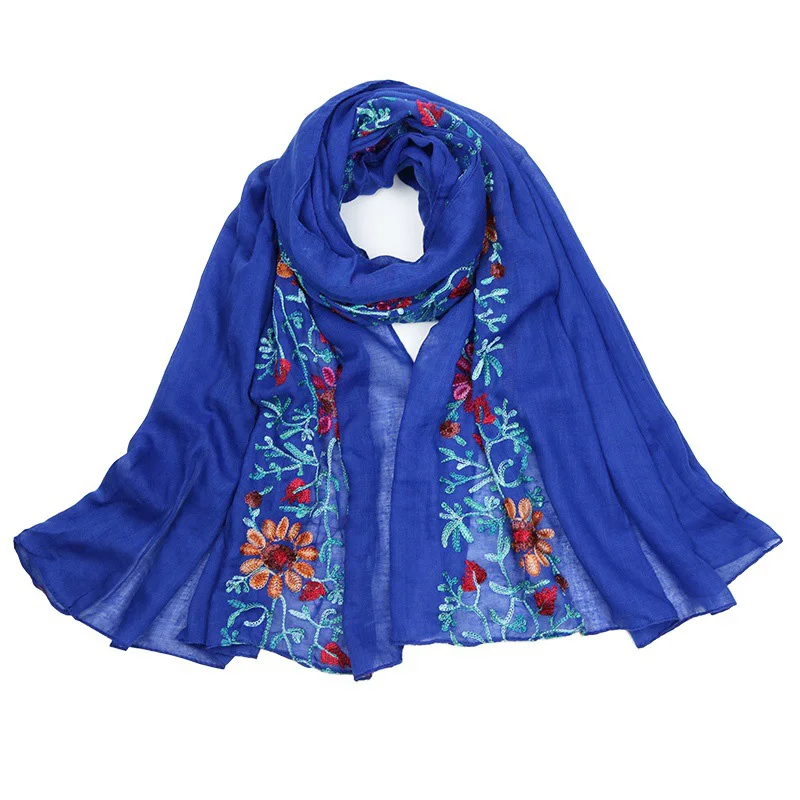 Royal Blue Головной платок мусульманок с вышивкой из хлопка и льна шарфы цветы вышитые шали зимние теплые женские шали из пашмины шаль и обертывание хиджабы - Цвет: Royal Blue