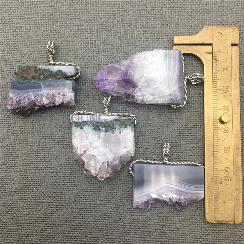 Произвольной формы друза аметиста ломтик обмотки жемчужное ожерелье с