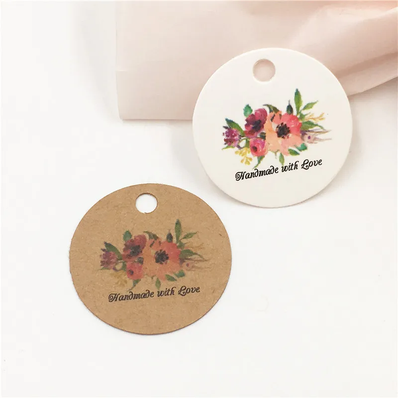 100 шт./лот круглые 3 см коричневые белые бумажные бирки цветная печать с пеньковые