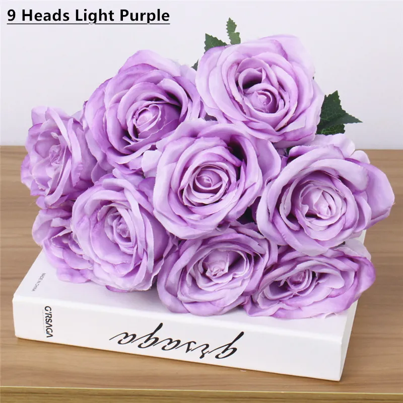 9 heads light purple Дешевые 7/9/10 глав один пучок искусственный букет роз Шелковый декоративный цветок Свадебная вечеринка Рождественский Декор цветок материалы искусственные цветы тычинки цветов декор дома - Цвет: 9 heads light purple