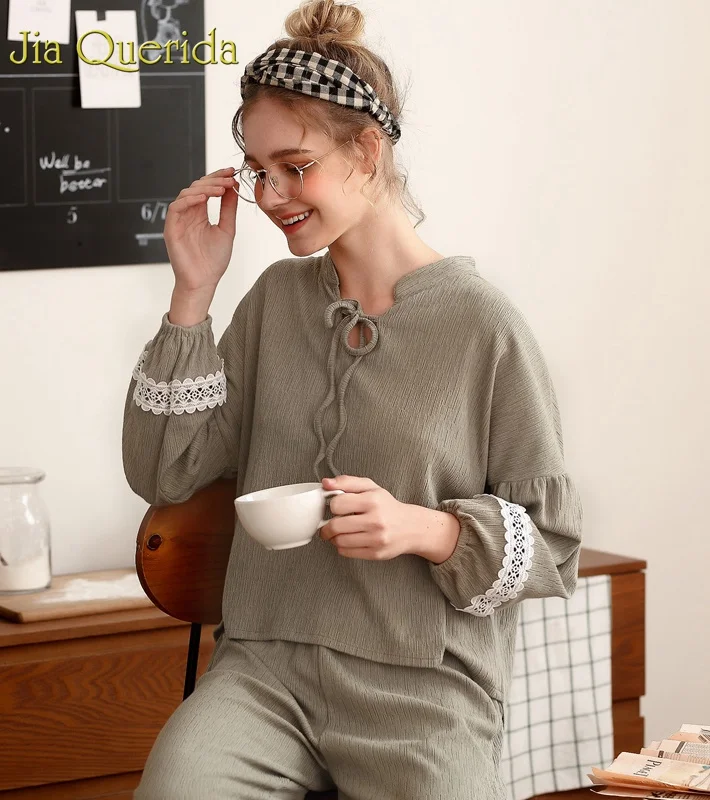 J& Q Pijama Mujer розовый сплошной модная Пижама для женщин Весна поясом воротник прекрасный женский Домашняя одежда костюмы плюс размеры Pjs