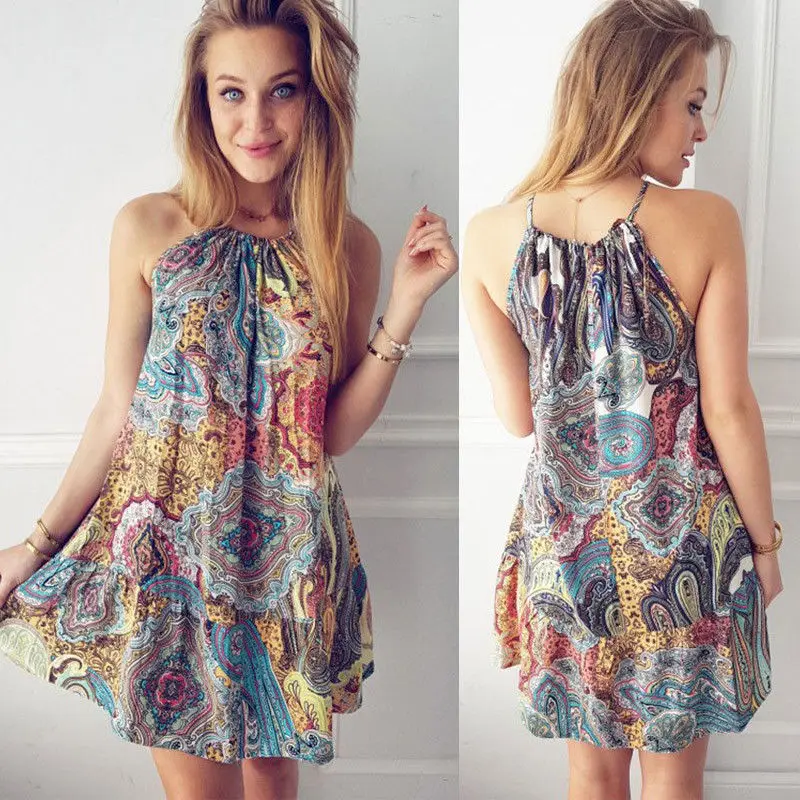 Женское летнее платье без рукавов Boho повседневное пляжное мини в богемном