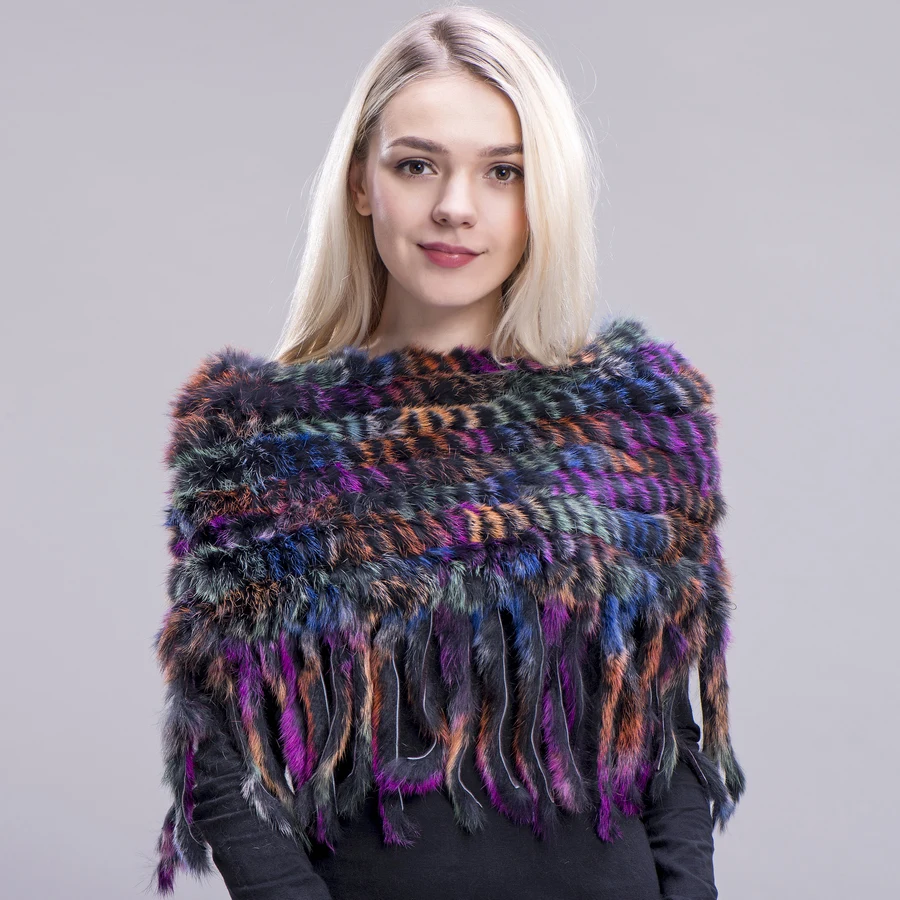 FXFURS новый стиль настоящая вязаная кроличья шаль натуральный кроличий мех пончо