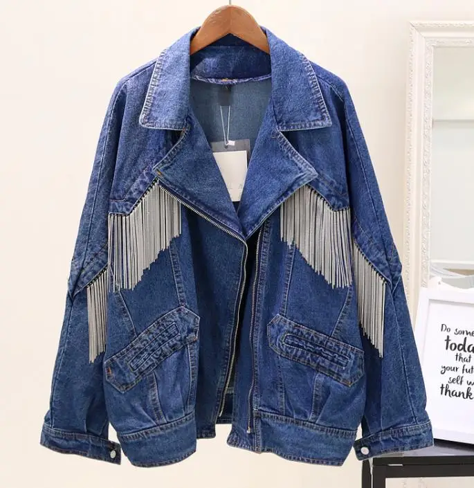 Новинка, весна-осень, женская Свободная джинсовая куртка с цепочкой и кисточками, синее Ковбойское пальто, женская Повседневная Верхняя одежда для студентов