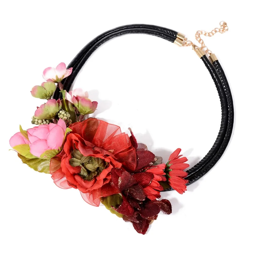 Темпераментный женский тканевый кожаный чокер с цепочкой и цветами ожерелье для