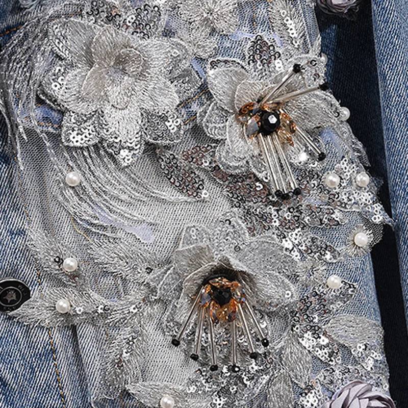 

Spring and Autumn New Women Suit Set Beaded Embroidery Denim Suit Two-piece Set Denim jacket and Shredded Jeans Women Set
