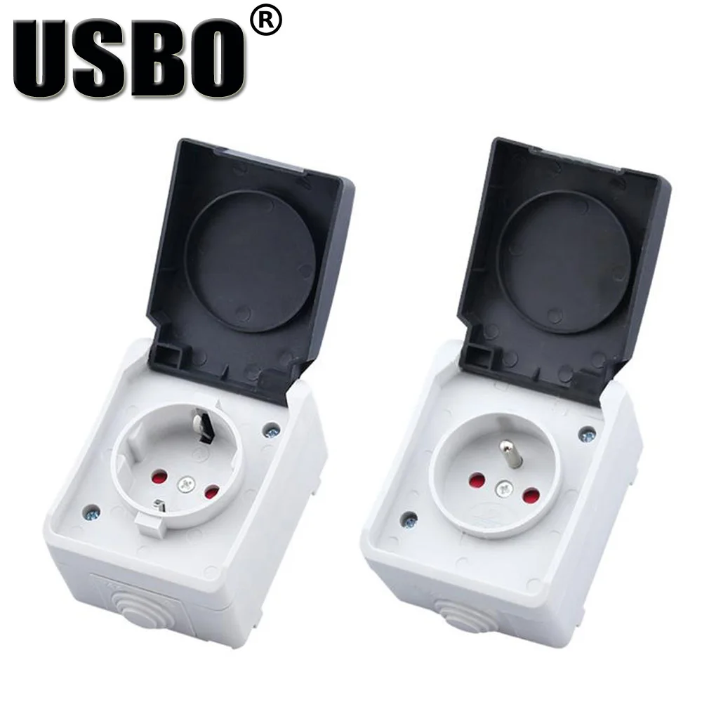 

Black white 16A 250V EU German France grounding electrical AC power socket outdoor 2P+E IP44 dustproof waterproof wall socket