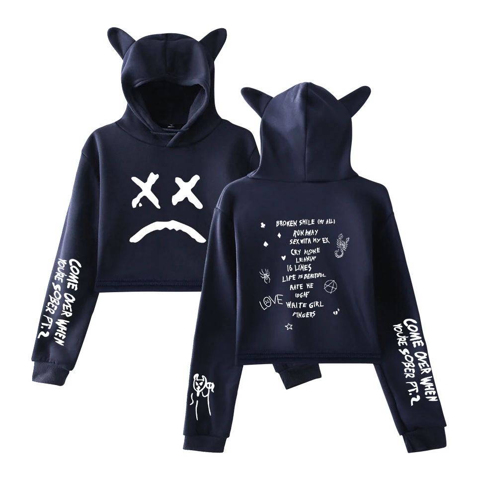 

2019 Fashion Hip Hop Lil Peep Cat Crop Top Kawaii Hoodies Sweatshirt Harajuku Korean Style Women Cute Sweatshirt K-pops Hooded