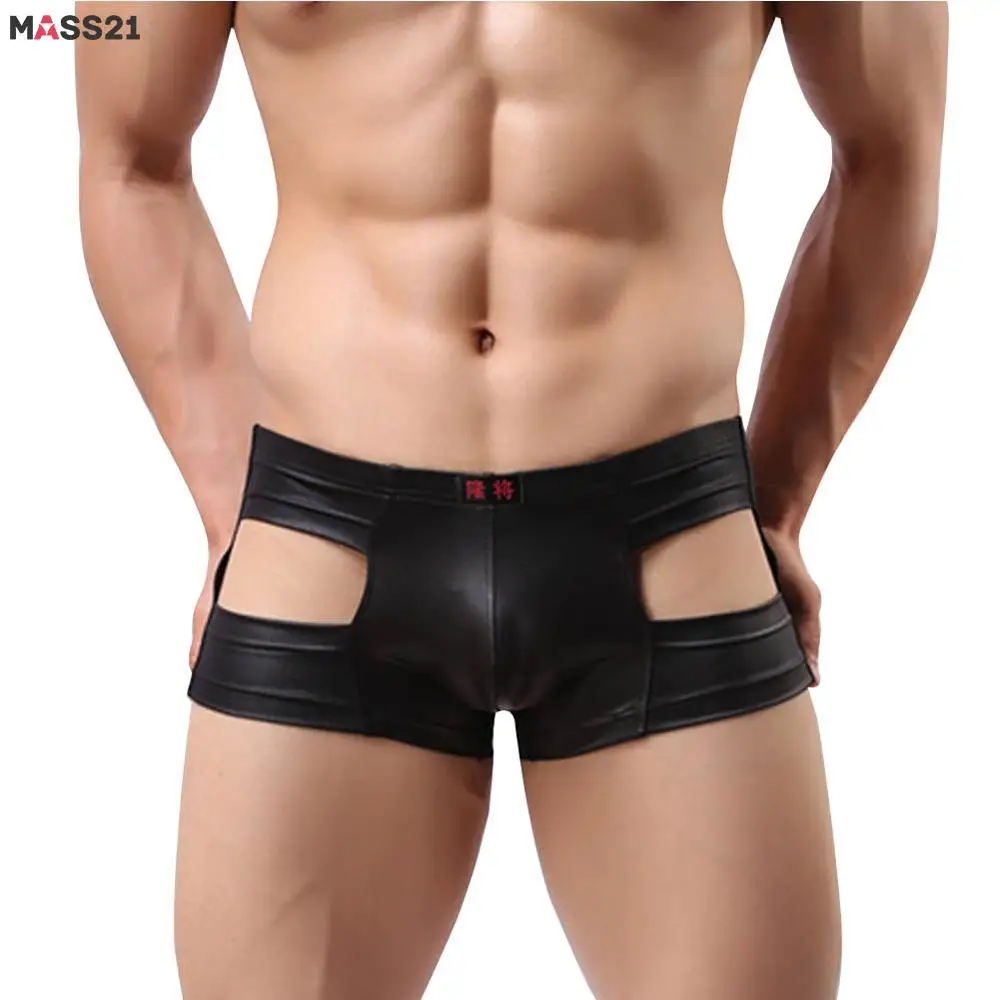 MASS21 Boxer Mens Underwear Faux Leather Sexy Hollow Out Underpants Male Panties Shorts Solid Cuecas | Мужская одежда