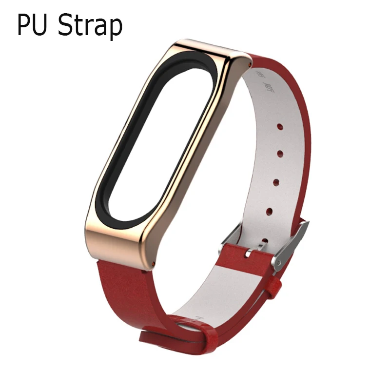 PU-Red-rosegod Для mi Band 3 ремешок с металлической рамкой из искусственной кожи ремешок для Xiaomi mi Band 3 Аксессуары для смарт-браслета mi band 3 PU Plus кожаный ремешок - Цвет: PU-Red-rosegod